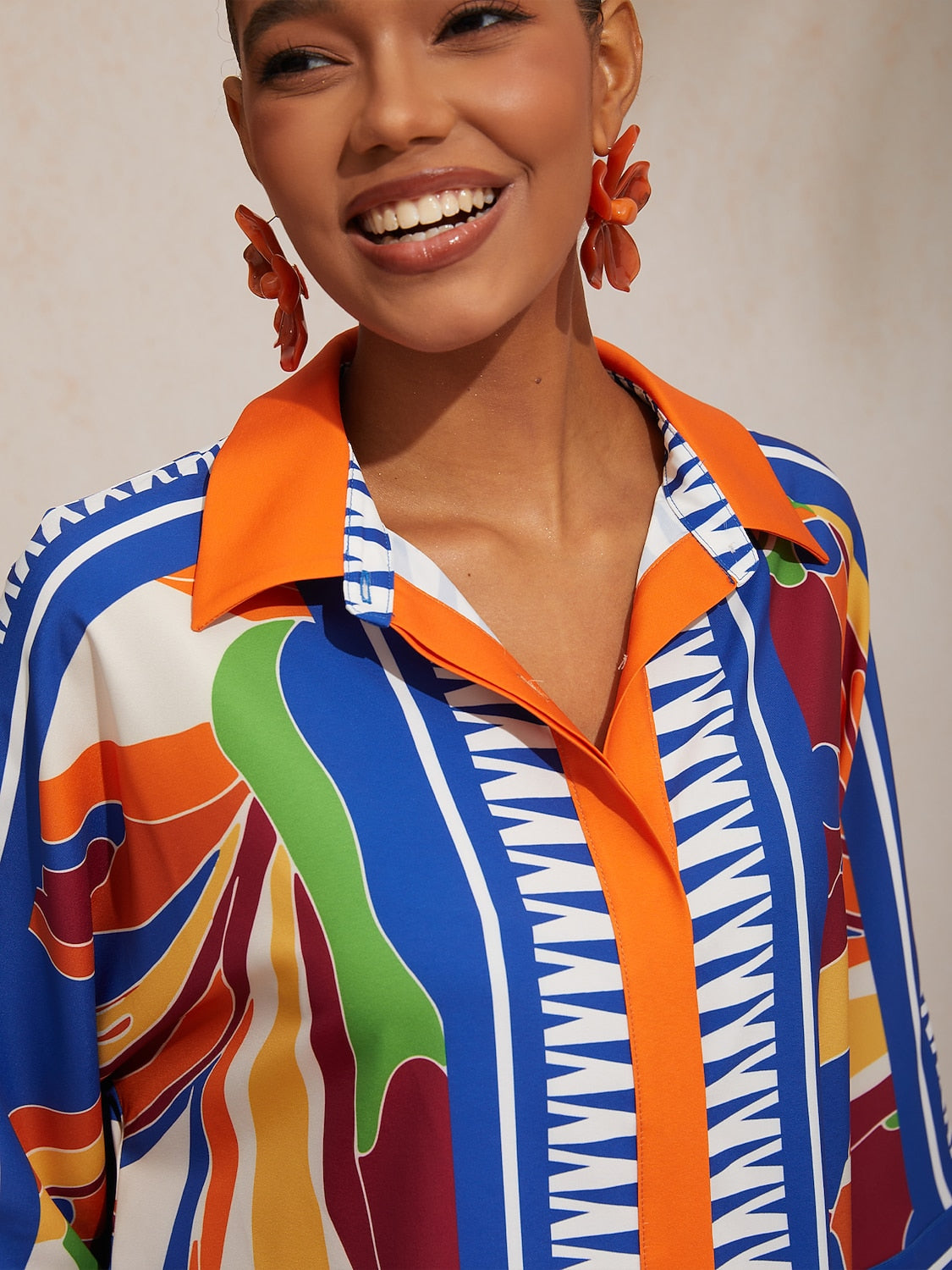 Vacation Geometric Color Block Print Batwing Sleeve Satin Short Shirt