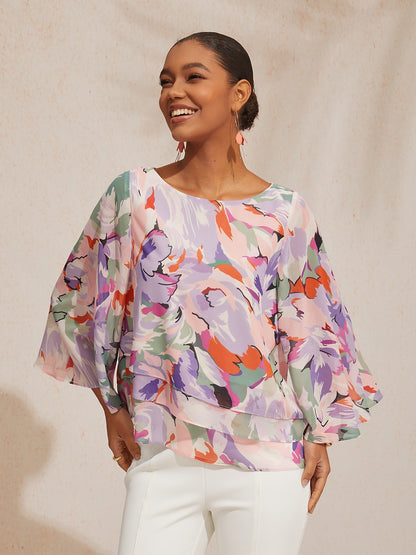 Vacation Abstract Floral Print Layered Design Chiffon Blouse