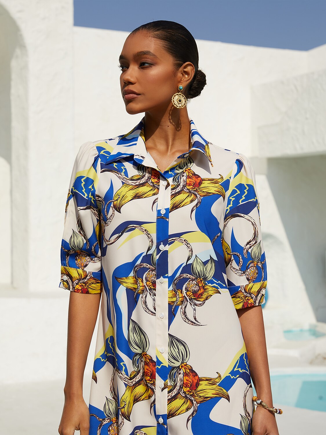 Vacation Scenic Floral Print Straight Satin Shirt Dress
