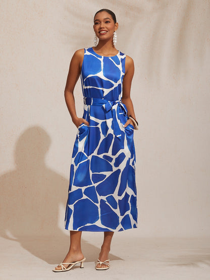 Vacation Geometric Color Block Print Straight Fit Satin Maxi Dress