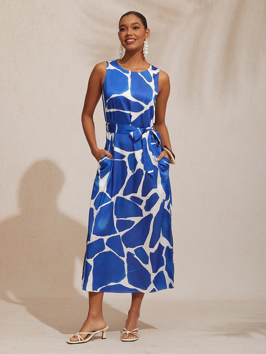 Vacation Geometric Color Block Print Straight Fit Satin Maxi Dress
