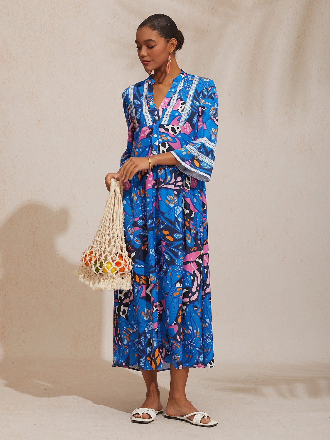 Vacation Abstract Color Dot Floral Loose fit Satin Maxi Dress