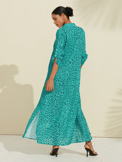 Shirt Maxi Dress Roll up Sequin Collar Leopard Print