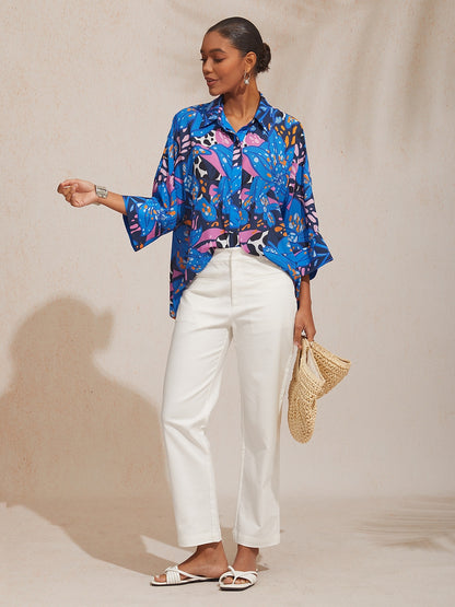 Vacation Color Dot Floral Dolman Sleeve Satin Shirt