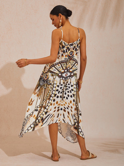 Vacation Leopard Chain Print Satin Cami Maxi Dress