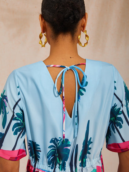 Vacation Print Satin Short Sleeves Mini Dress