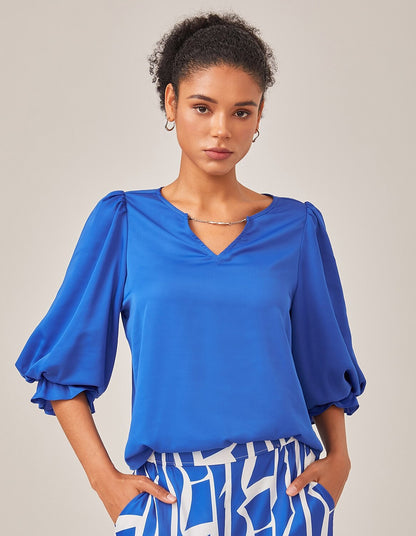 Satin Vacation-Style Solid Blue V-Neck Ruched Top