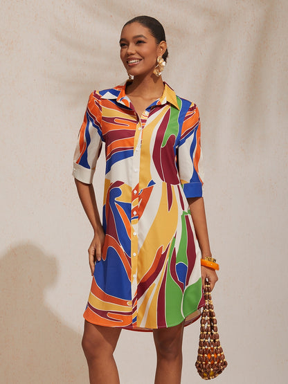Vacation Geometric Color Block Pattern Straight Satin Shirt Dress