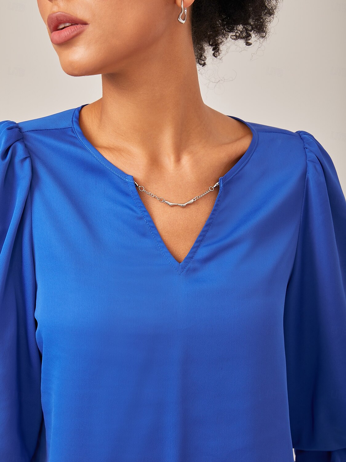 Satin Vacation-Style Solid Blue V-Neck Ruched Top