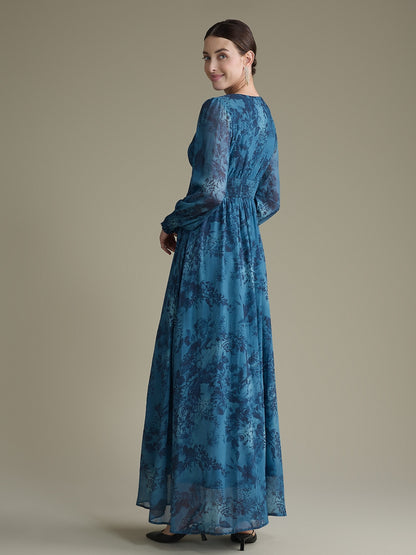 Elegant Floral Print Chiffon Maxi Wedding Guest Dress