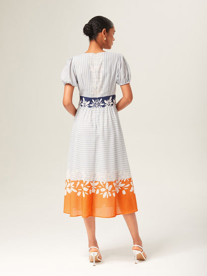 Linen-Like Striped Color Block A-Line Midi Dress