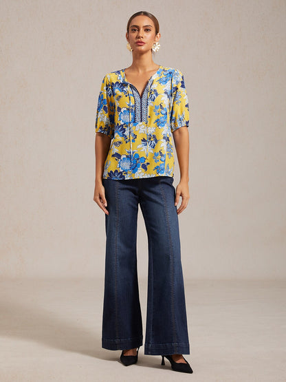 Viscose Round Neck Artistic Floral Print Vacation Top