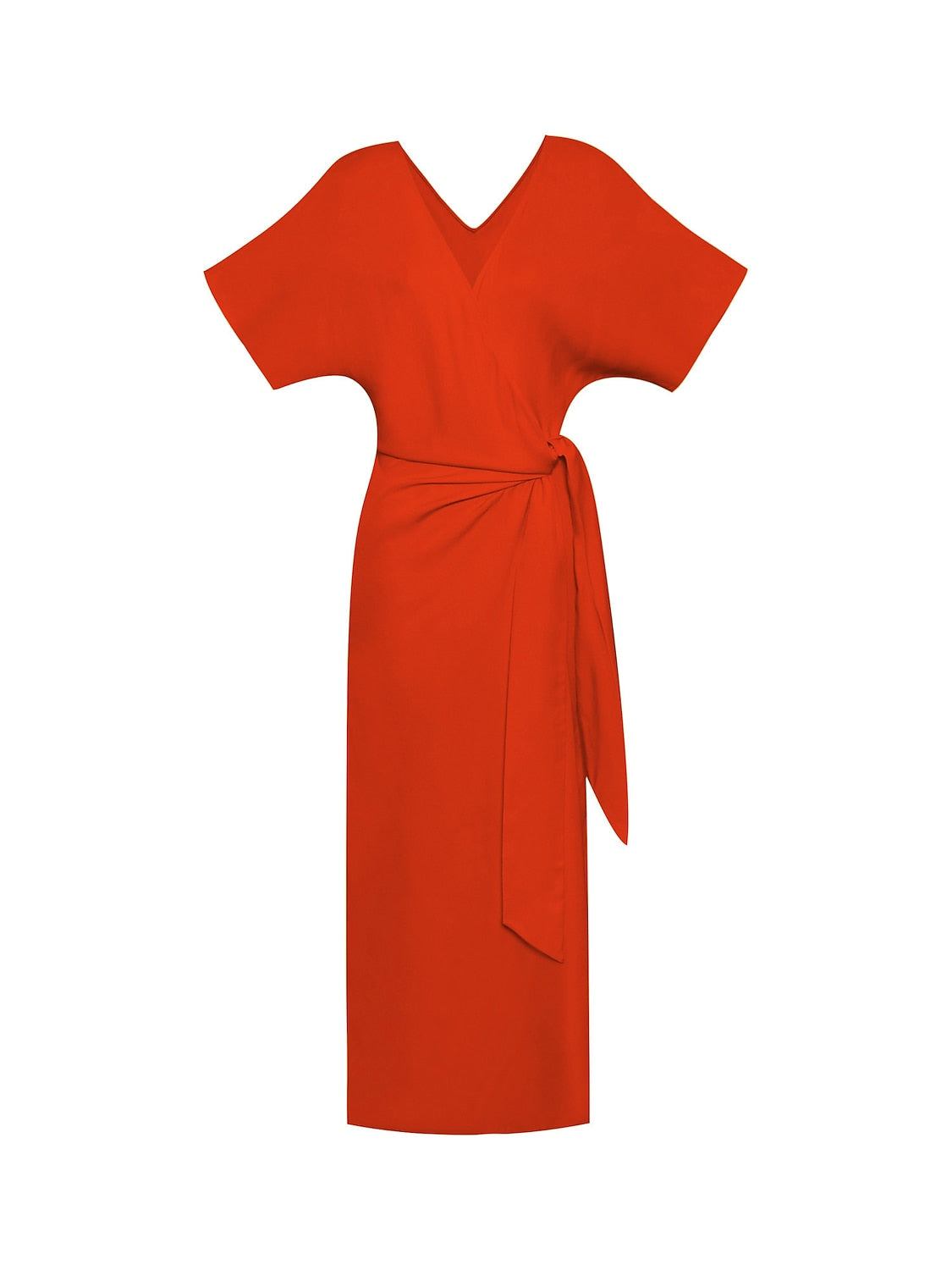 Tencel Linen Orange Red  Shirred Wrap Midi Dress