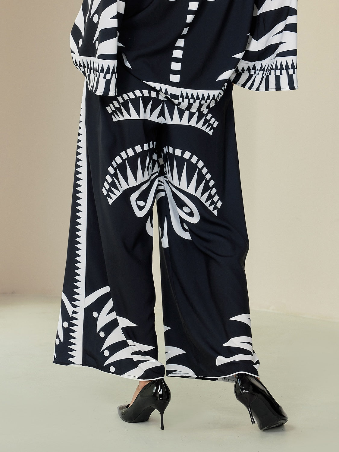 Wide Leg Pants Black Satin Full Length Printing