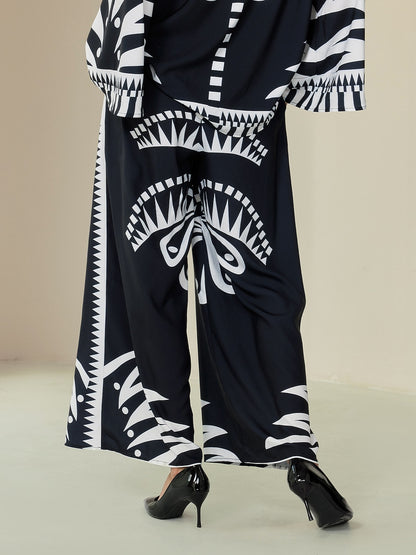 Wide Leg Pants Black Satin Full Length Printing