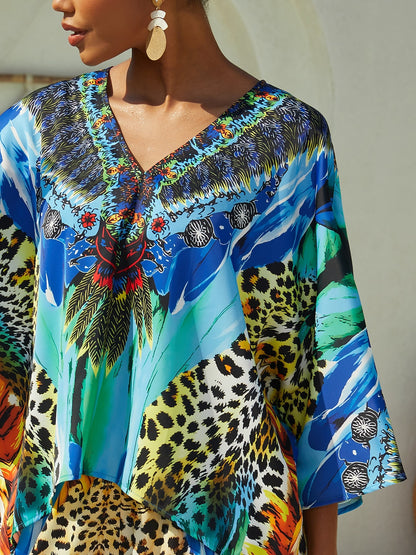 Vacation Feather Leopard Motif Dolman Sleeve Fit Satin Top