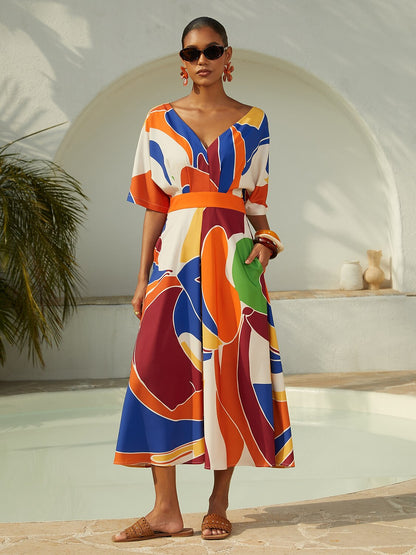 Vacation Geometric Color Block Print Satin Maxi Dress