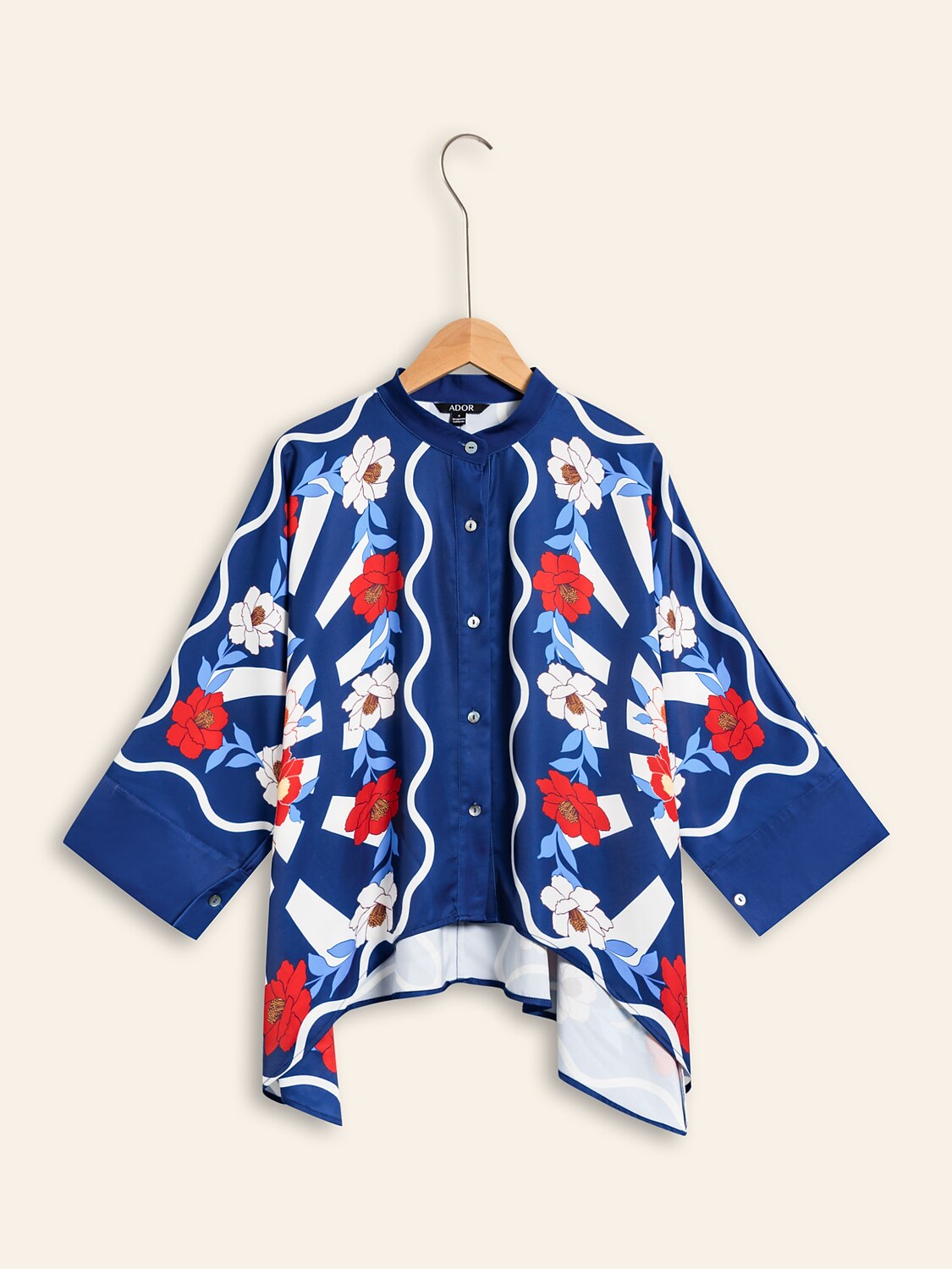 Satin Artistic Printing Standing Collar Blouse