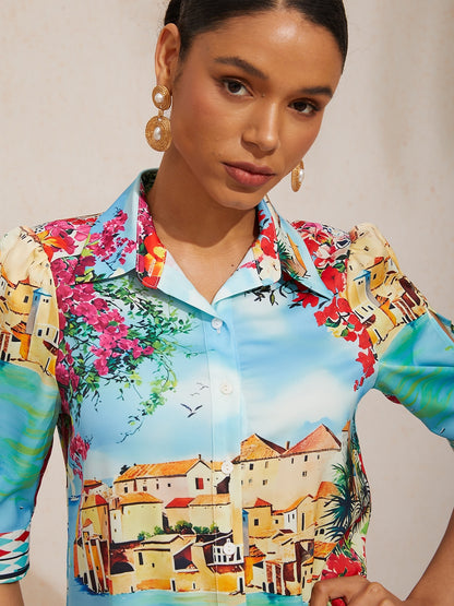 Vacation Scenic Floral Print Straight Satin Shirt Dress