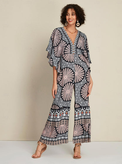 Satin Folk Print Magyar Deep umpsuit