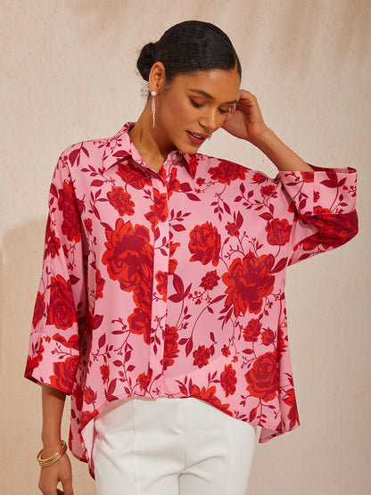 Vacation Floral Print Asymmetrical Dolman Sleeve Chiffon Shirt