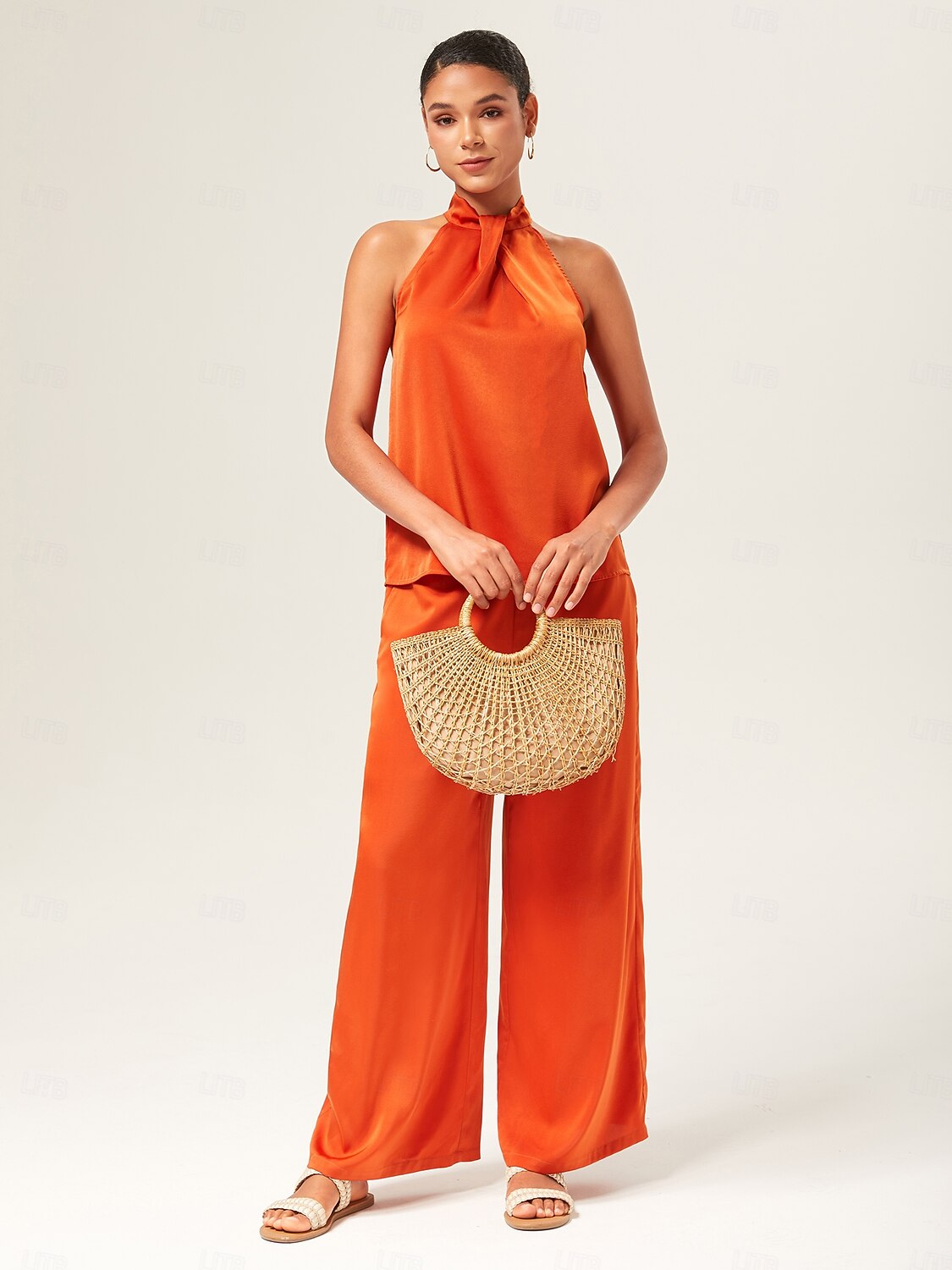 Satin Orange Stand Collar Wide Leg Pants Set