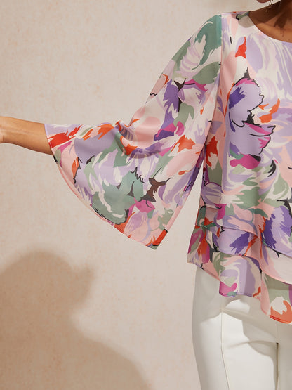Vacation Abstract Floral Print Layered Design Chiffon Blouse