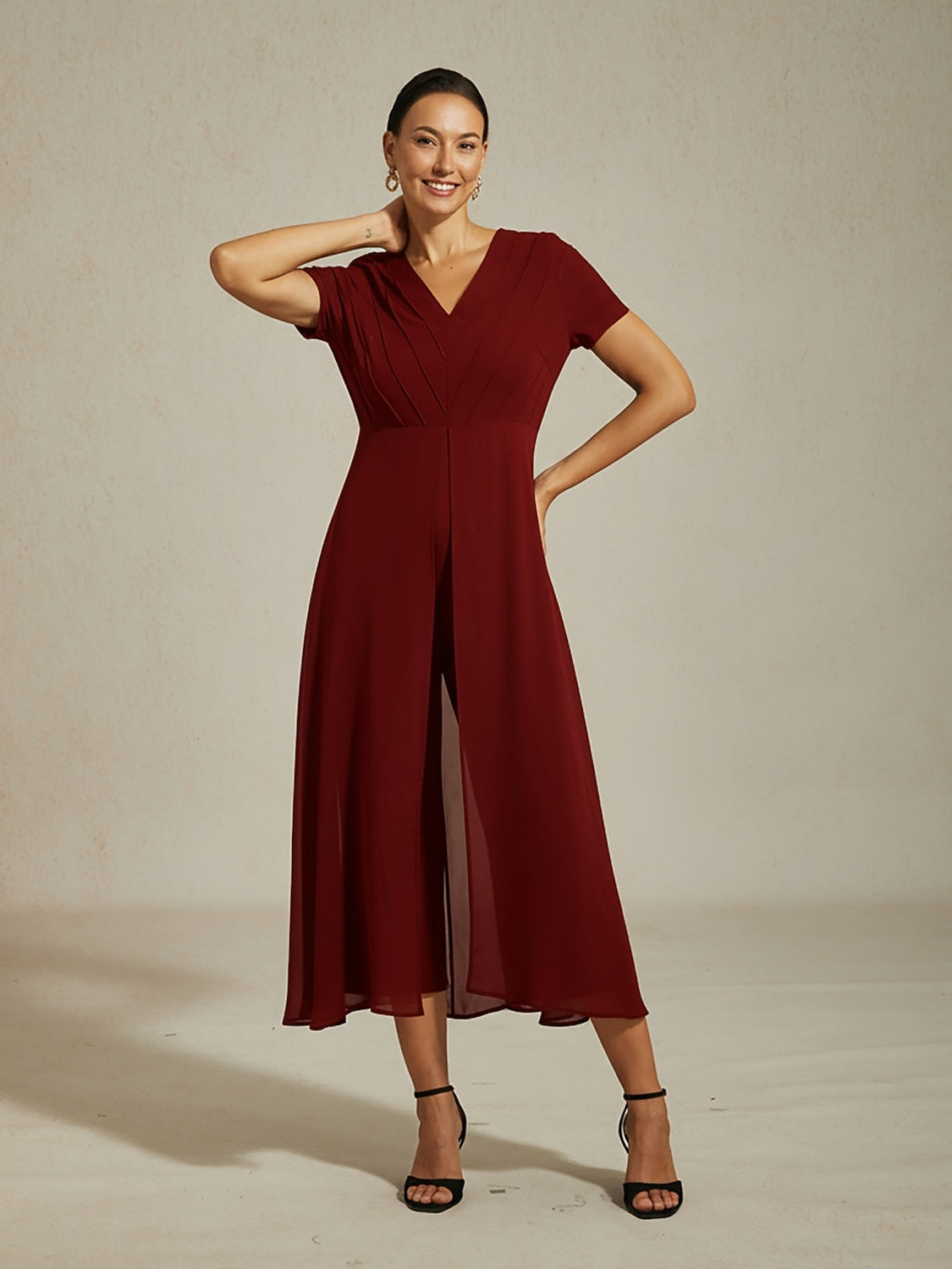 Paneled Design Faux Flowy Sheer Stretch Fabric Jumpsuit