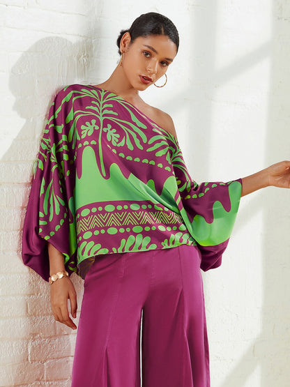 Satin Geometrical Floral Print Puff Sleeves Vacation Shirt