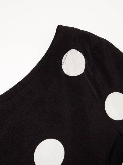 Black Polka Dot Print Asymetric Hem Off-Shoulder Dress