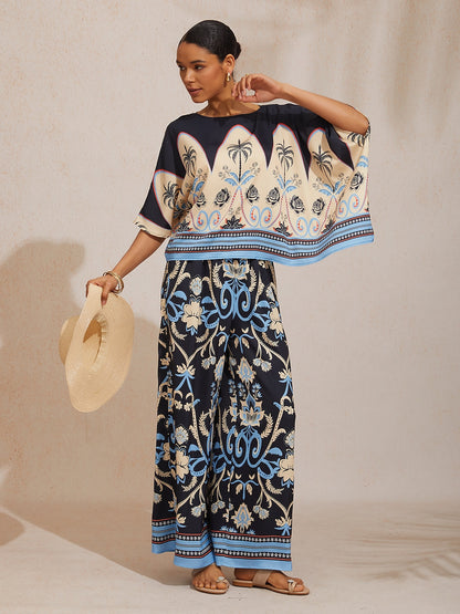 Summer Night Palm Silky Satin Dolman Sleeve Top