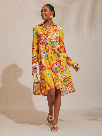 Vacation Yellow Paisley Print Straight Fit Satin Shirt Dress