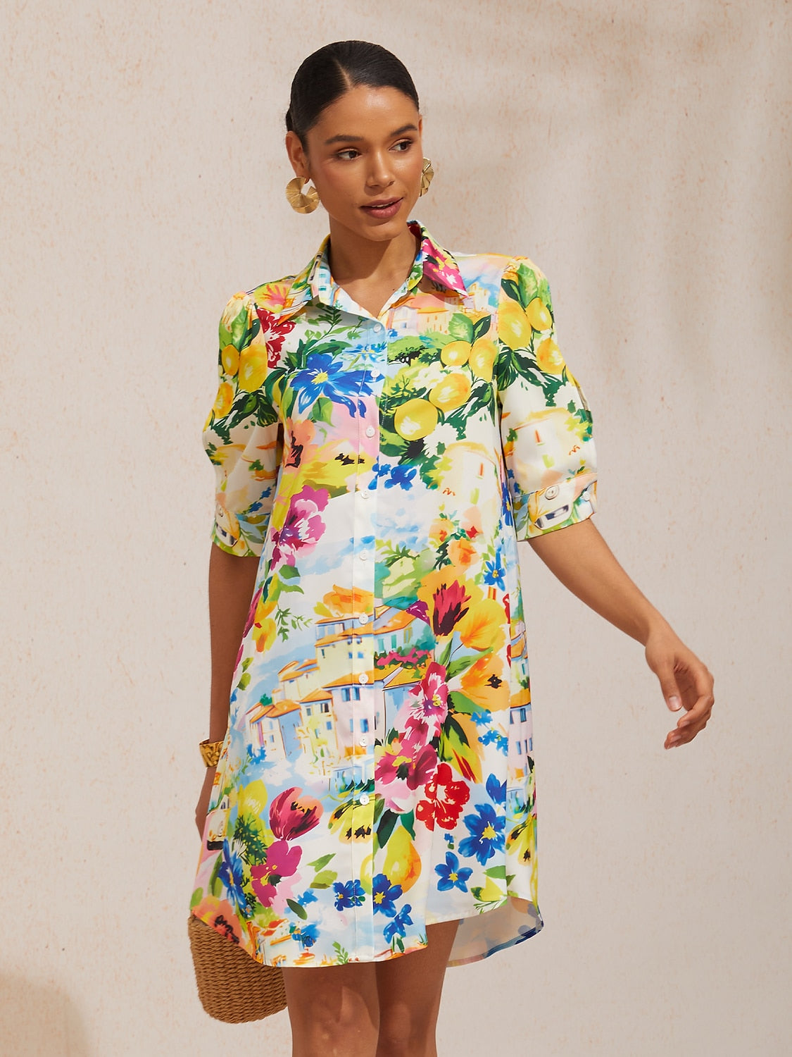 Vacation Scenic Floral Print Straight Satin Shirt Dress