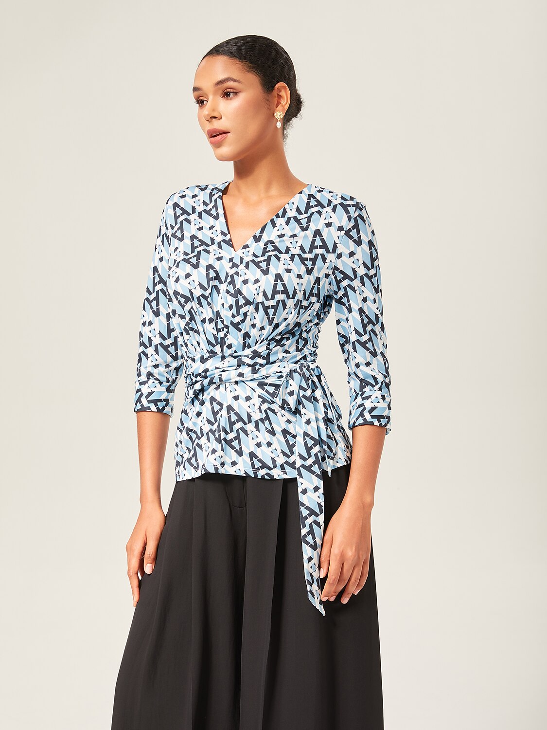 Stretch Geometric Print Waist-Tie Top