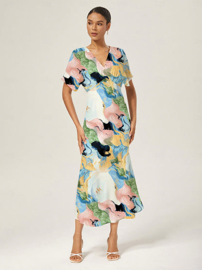 Abstract Floral Print Satin Maxi Dress