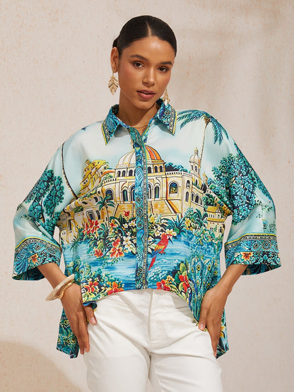 Vacation Scenic Floral Print Dolman Sleeve Chiffon Short Shirt