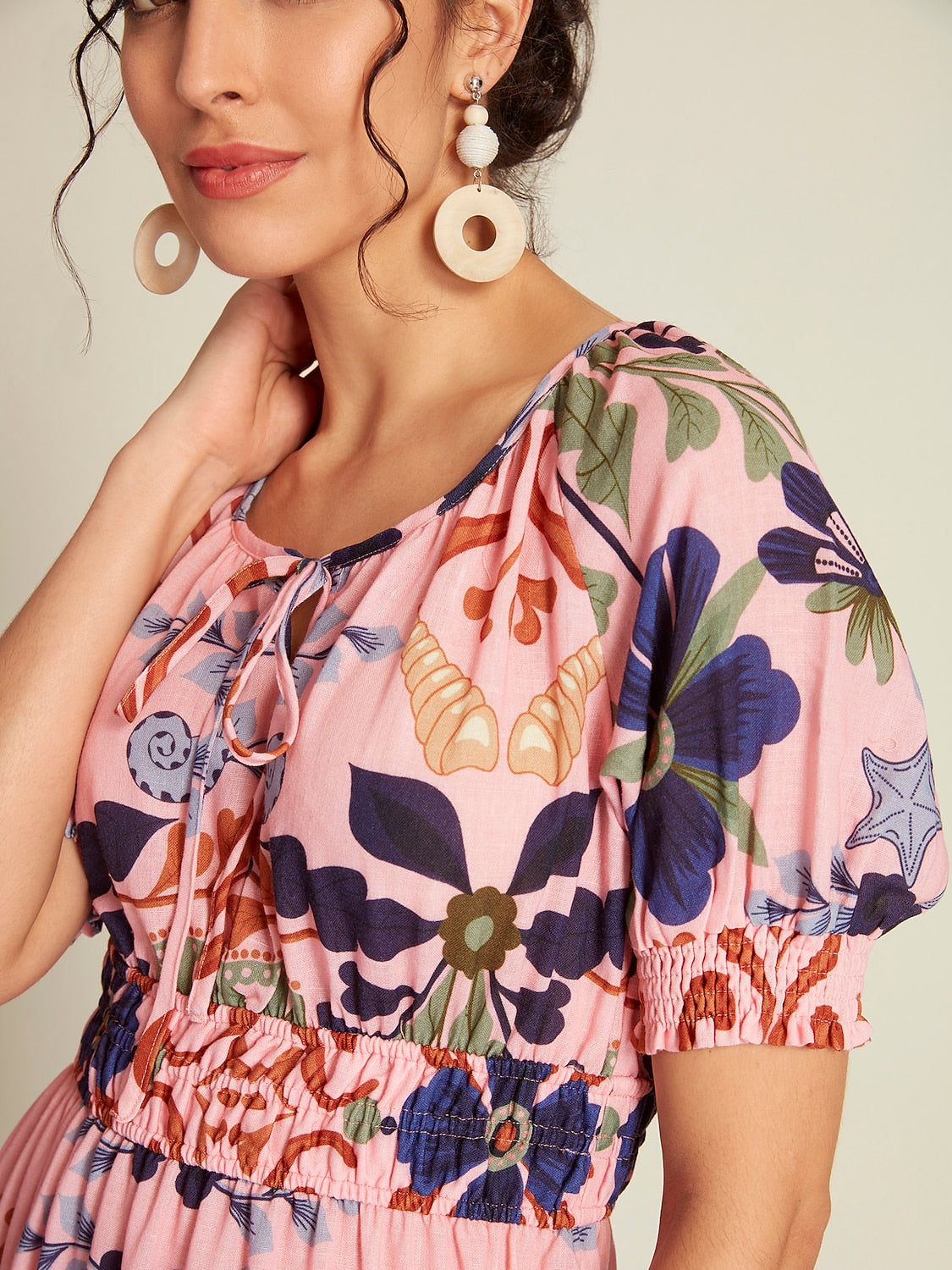 Floral Lace Up Short Midi Dress