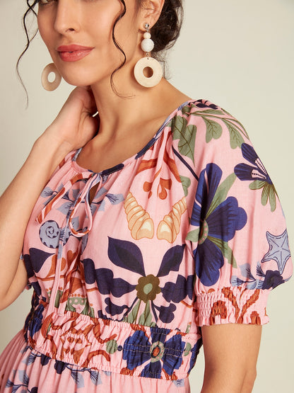 Floral Lace Up Short Midi Dress