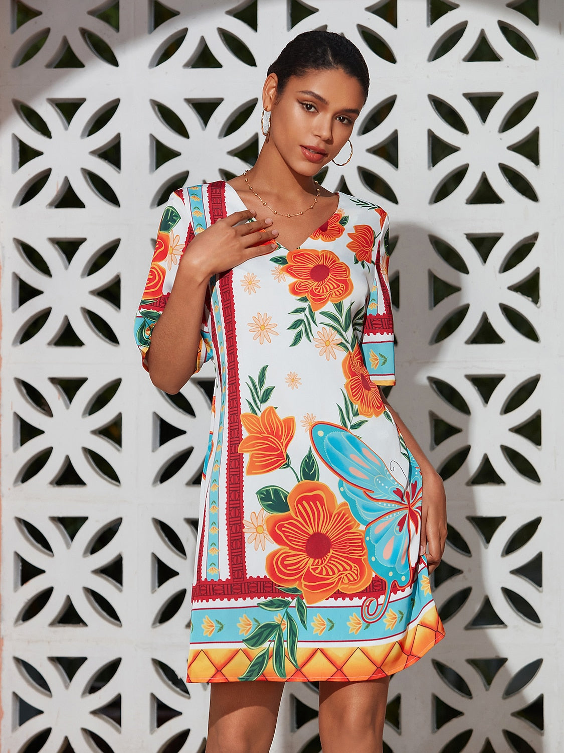 Floral Print Mini Dress Orange Flower Pattern