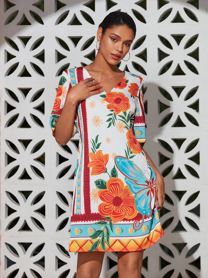 Floral Print Mini Dress Orange Flower Pattern