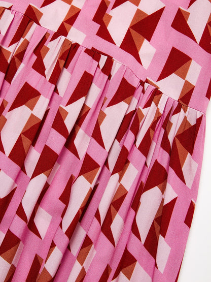 Resort Maxi Dress Pink Short Geometic Drawstring