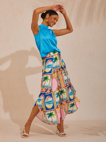 Vacation Geometric Floral Print Curved Hem Cross-over Satin Wide leg Pants