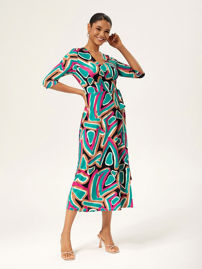 Colorful Abstract Printed Stretch Wrap Dress