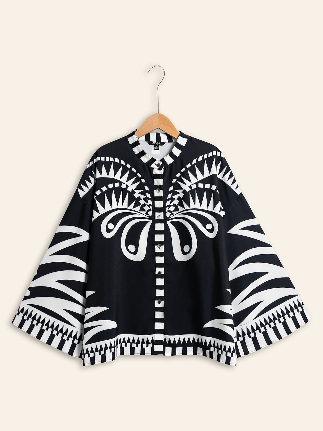 Blouse Black Satin Geometric Print Flare Cuff