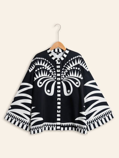 Blouse Black Satin Geometric Print Flare Cuff