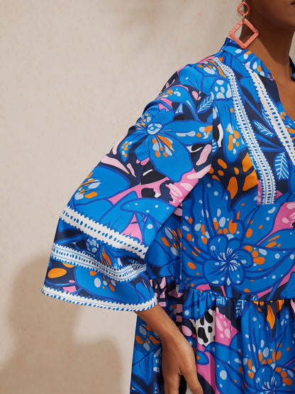 Vacation Abstract Color Dot Floral Loose fit Satin Maxi Dress