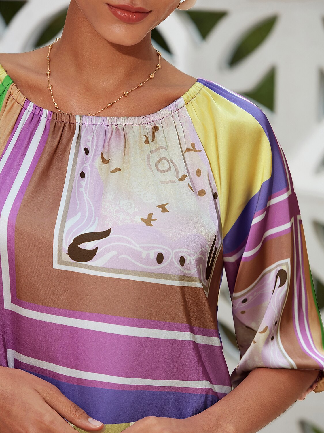 Satin Scarf Geometrical Print Midi Dress