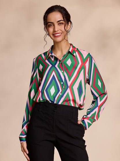 Satin Geometric Print Casual Shirt