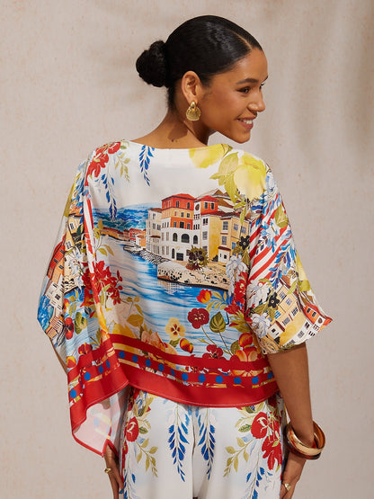 Summer Night Palm Silky Satin Dolman Sleeve Top