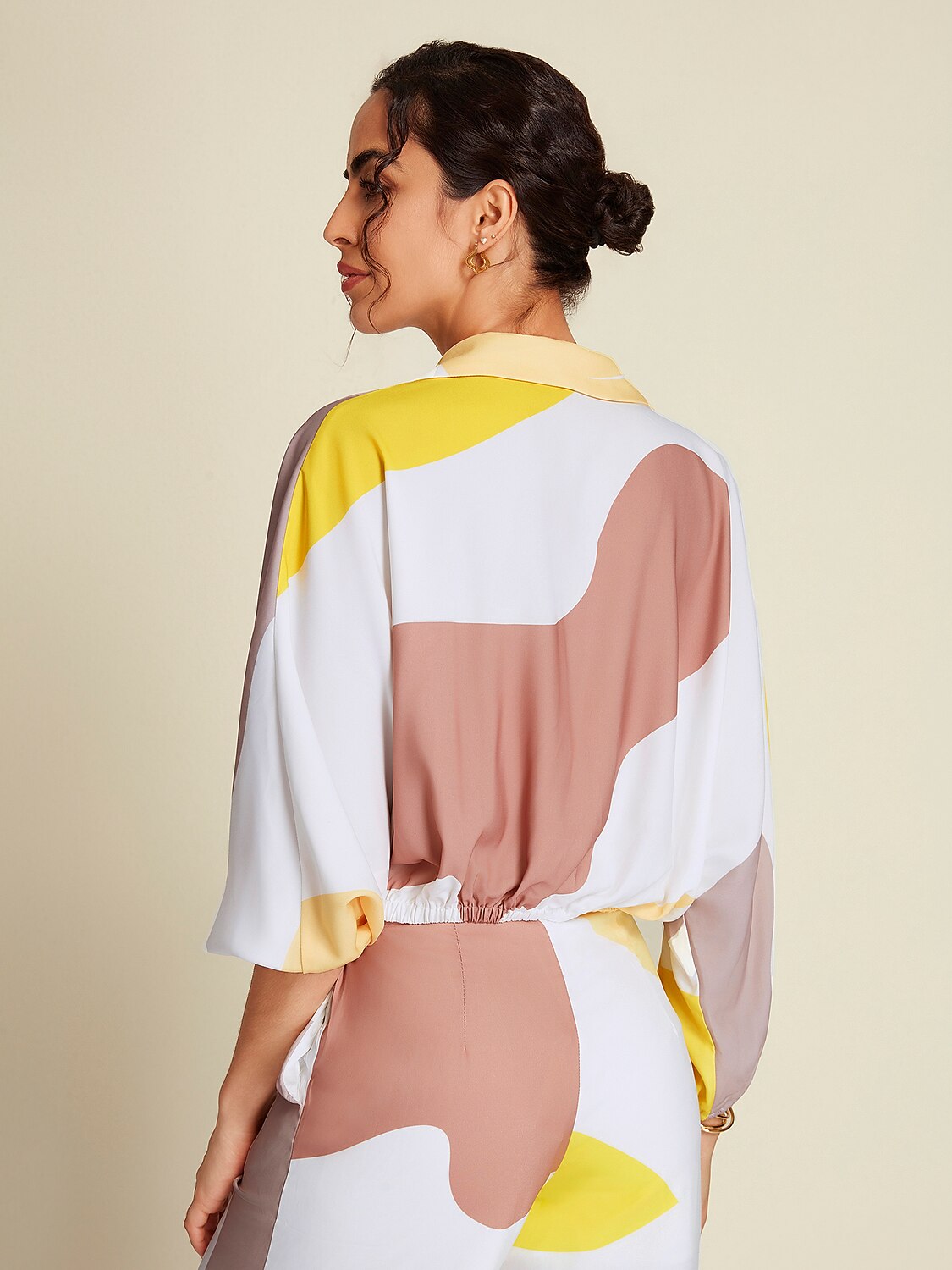 Satin Contrast Knot Front Balloon Sleeve Shirt